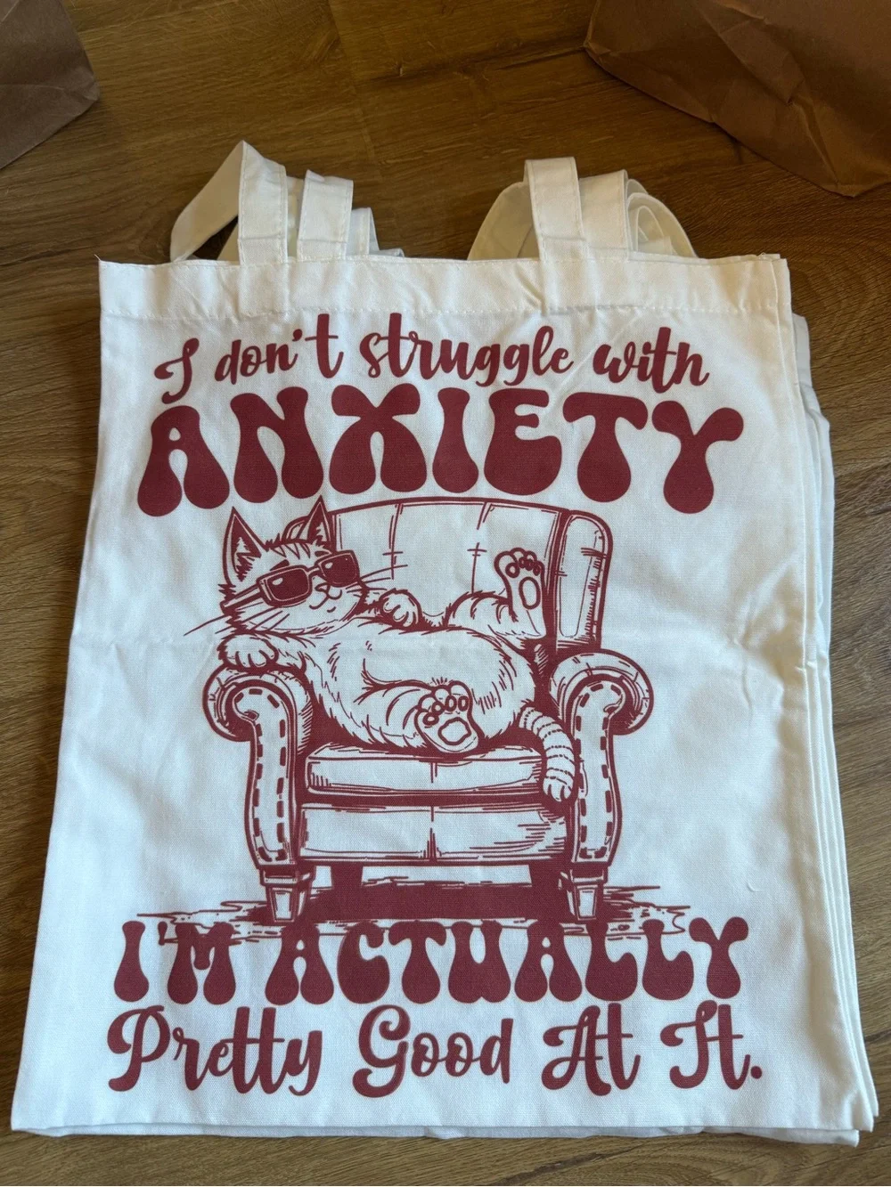 Set of 4 Canvas Tote Bags with cute saying about anxiety